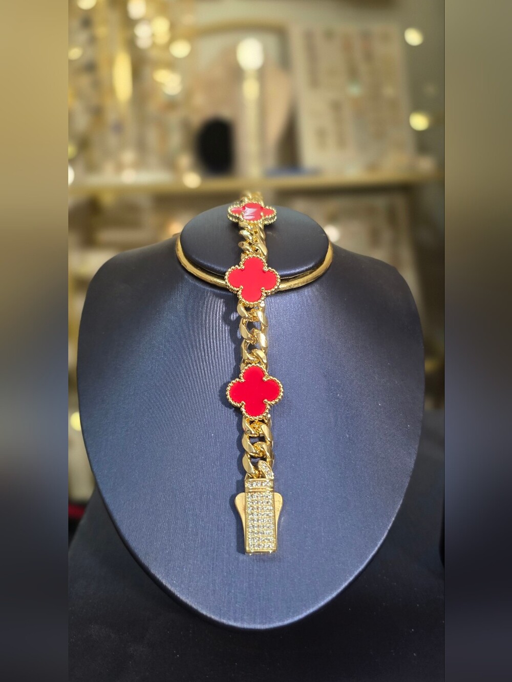 Gold Plated Bracelet with Red Clover Motifs - Women's Jewelry